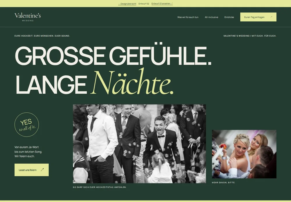 Vorschau des Celebration-Entwurfs in Waldgrün und Zitronengelb mit großen Headlines und Feierbildern.